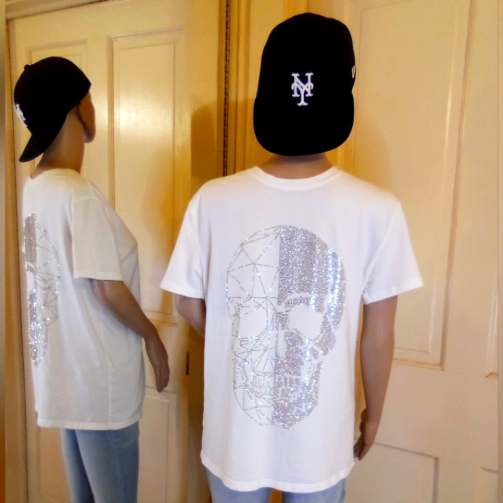 Skull Head T-shirt/ Silver Stones/ SZ L / White/ (Men's)